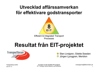 8
                 Utvecklad affärssamverkan                                                                EIT

                                                                                             Efficient & Integrated Transport
                                                                                                        Processes


               för effektivare godstransporter


                                            8T
                                           EI

                       Efficient & Integrated Transport
                                  Processes


             Resultat från EIT-projektet
                                                                     Sten Lindgren, Odette Sweden
                                                                     Jörgen Ljunggren, Meridion


Transportforum 2012        A project in the Swedish FFI program                    transporteffektivitet.se
2012-01-12               FFI – Strategic Vehicle Research and Innovation                                          1
 