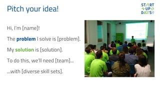 Pitch your idea!
Hi, I’m [name]!
The problem I solve is [problem].
My solution is [solution].
To do this, we’ll need [team]...
...with [diverse skill sets].
 