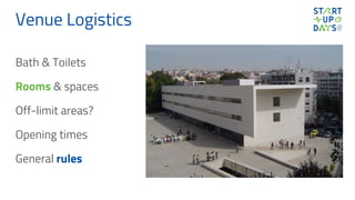 Venue Logistics
Bath & Toilets
Rooms & spaces
Off-limit areas?
Opening times
General rules