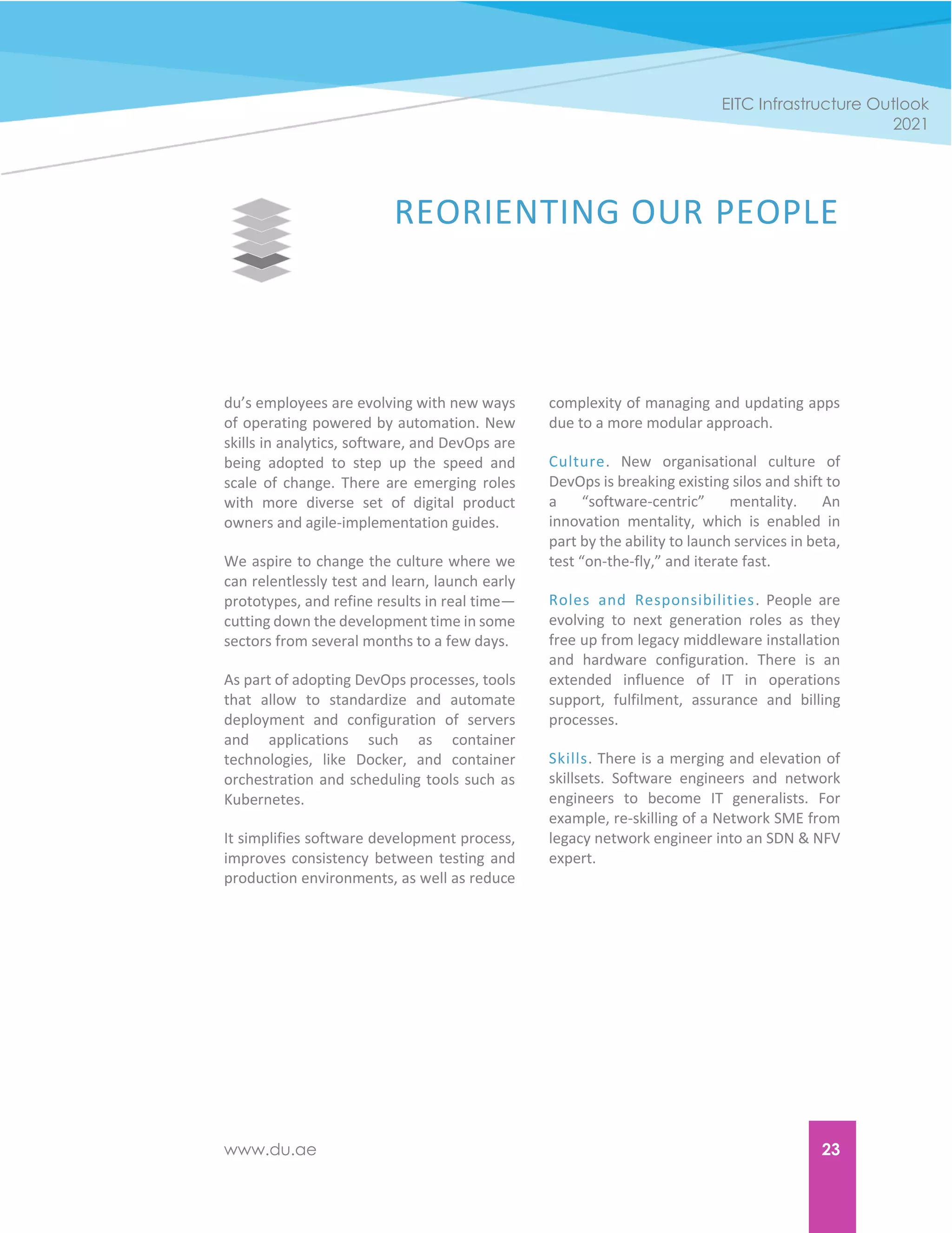 www.du.ae 23
EITC Infrastructure Outlook
2021
REORIENTING OUR PEOPLE
du’s employees are evolving with new ways
of operating powered by automation. New
skills in analytics, software, and DevOps are
being adopted to step up the speed and
scale of change. There are emerging roles
with more diverse set of digital product
owners and agile-implementation guides.
We aspire to change the culture where we
can relentlessly test and learn, launch early
prototypes, and refine results in real time—
cutting down the development time in some
sectors from several months to a few days.
As part of adopting DevOps processes, tools
that allow to standardize and automate
deployment and configuration of servers
and applications such as container
technologies, like Docker, and container
orchestration and scheduling tools such as
Kubernetes.
It simplifies software development process,
improves consistency between testing and
production environments, as well as reduce
complexity of managing and updating apps
due to a more modular approach.
Culture. New organisational culture of
DevOps is breaking existing silos and shift to
a “software-centric” mentality. An
innovation mentality, which is enabled in
part by the ability to launch services in beta,
test “on-the-fly,” and iterate fast.
Roles and Responsibilities. People are
evolving to next generation roles as they
free up from legacy middleware installation
and hardware configuration. There is an
extended influence of IT in operations
support, fulfilment, assurance and billing
processes.
Skills. There is a merging and elevation of
skillsets. Software engineers and network
engineers to become IT generalists. For
example, re-skilling of a Network SME from
legacy network engineer into an SDN & NFV
expert.
 
