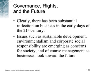 Governance, Rights,  and the Future Clearly, there has been substantial reflection on business in the early days of the 21 st  century. Issues such as sustainable development, environmentalism and corporate social responsibility are emerging as concerns for society, and of course management as businesses look toward the future. 