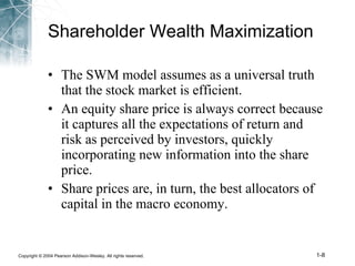 Shareholder Wealth Maximization The SWM model assumes as a universal truth that the stock market is efficient. An equity share price is always correct because it captures all the expectations of return and risk as perceived by investors, quickly incorporating new information into the share price.  Share prices are, in turn, the best allocators of capital in the macro economy. 