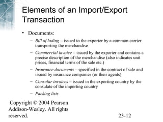 Elements of an Import/Export 
Transaction 
• Documents: 
– Bill of lading – issued to the exporter by a common carrier 
transporting the merchandise 
– Commercial invoice – issued by the exporter and contains a 
precise description of the merchandise (also indicates unit 
prices, financial terms of the sale etc.) 
– Insurance documents – specified in the contract of sale and 
issued by insurance companies (or their agents) 
– Consular invoices – issued in the exporting country by the 
consulate of the importing country 
– Packing lists 
Copyright © 2004 Pearson 
Addison-Wesley. All rights 
reserved. 23-12 
 