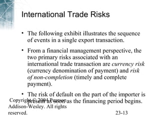 International Trade Risks 
• The following exhibit illustrates the sequence 
of events in a single export transaction. 
• From a financial management perspective, the 
two primary risks associated with an 
international trade transaction are currency risk 
(currency denomination of payment) and risk 
of non-completion (timely and complete 
payment). 
• The risk of default on the part of the importer is 
present as soon as the financing period begins. 
Copyright © 2004 Pearson 
Addison-Wesley. All rights 
reserved. 23-13 
 
