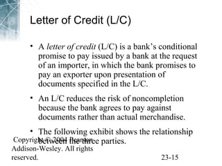 Letter of Credit (L/C) 
• A letter of credit (L/C) is a bank’s conditional 
promise to pay issued by a bank at the request 
of an importer, in which the bank promises to 
pay an exporter upon presentation of 
documents specified in the L/C. 
• An L/C reduces the risk of noncompletion 
because the bank agrees to pay against 
documents rather than actual merchandise. 
• The following exhibit shows the relationship 
between the three parties. 
Copyright © 2004 Pearson 
Addison-Wesley. All rights 
reserved. 23-15 
 