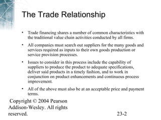 The Trade Relationship 
• Trade financing shares a number of common characteristics with 
the traditional value chain activities conducted by all firms. 
• All companies must search out suppliers for the many goods and 
services required as inputs to their own goods production or 
service provision processes. 
• Issues to consider in this process include the capability of 
suppliers to produce the product to adequate specifications, 
deliver said products in a timely fashion, and to work in 
conjunction on product enhancements and continuous process 
improvement. 
• All of the above must also be at an acceptable price and payment 
terms. 
Copyright © 2004 Pearson 
Addison-Wesley. All rights 
reserved. 23-2 
 