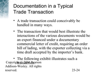 Documentation in a Typical 
Trade Transaction 
• A trade transaction could conceivably be 
handled in many ways. 
• The transaction that would best illustrate the 
interactions of the various documents would be 
an export financed under a documentary 
commercial letter of credit, requiring an order 
bill of lading, with the exporter collecting via a 
time draft accepted by the importer’s bank. 
• The following exhibit illustrates such a 
transaction. 
Copyright © 2004 Pearson 
Addison-Wesley. All rights 
reserved. 23-24 
 