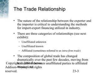 The Trade Relationship 
• The nature of the relationship between the exporter and 
the importer is critical to understanding the methods 
for import-export financing utilized in industry. 
• There are three categories of relationships (see next 
exhibit): 
– Unaffiliated unknown 
– Unaffiliated known 
– Affiliated (sometimes referred to as intra-firm trade) 
• The composition of global trade has changed 
dramatically over the past few decades, moving from 
transactions between unaffiliated parties to affiliated 
transactions. 
Copyright © 2004 Pearson 
Addison-Wesley. All rights 
reserved. 23-3 
 