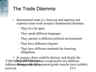 The Trade Dilemma 
• International trade (i.e. between and importer and 
exporter) must work around a fundamental dilemma: 
– They live far apart 
– They speak different languages 
– They operate in different political environments 
– They have different religions 
– They have different standards for honoring 
obligations 
• In essence, there could be distrust, and clearly the 
Copyright © 2004 Pearson 
Addison-Wesley. All rights 
reserved. 23-5 
importer and exporter would prefer two different 
arrangements for payment/goods transfer (next exhibit) 
 