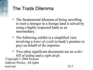 The Trade Dilemma 
• The fundamental dilemma of being unwilling 
to trust a stranger in a foreign land is solved by 
using a highly respected bank as an 
intermediary. 
• The following exhibit is a simplified view 
involving a letter of credit (a bank’s promise to 
pay) on behalf of the importer. 
• Two other significant documents are an order 
bill of lading and a sight draft. 
Copyright © 2004 Pearson 
Addison-Wesley. All rights 
reserved. 23-7 
 
