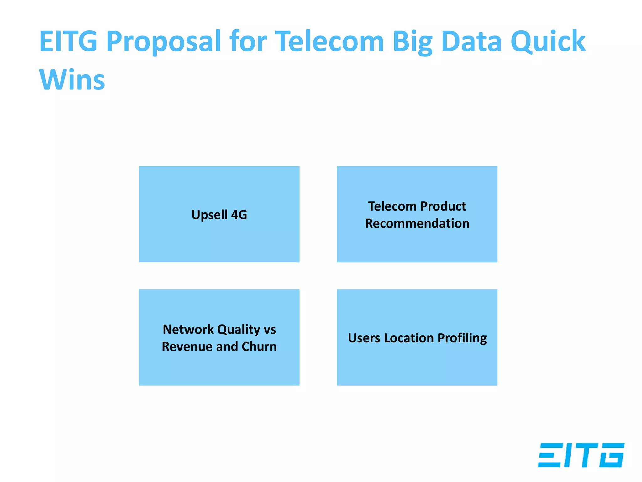 Upsell 4G
Telecom Product
Recommendation
Network Quality vs
Revenue and Churn
Users Location Profiling
EITG Proposal for Telecom Big Data Quick
Wins
 