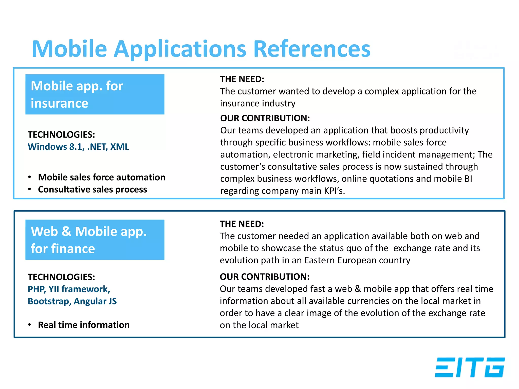 Mobile Applications References
THE NEED:
The customer wanted to develop a complex application for the
insurance industry
OUR CONTRIBUTION:
Our teams developed an application that boosts productivity
through specific business workflows: mobile sales force
automation, electronic marketing, field incident management; The
customer’s consultative sales process is now sustained through
complex business workflows, online quotations and mobile BI
regarding company main KPI’s.
THE NEED:
The customer needed an application available both on web and
mobile to showcase the status quo of the exchange rate and its
evolution path in an Eastern European country
OUR CONTRIBUTION:
Our teams developed fast a web & mobile app that offers real time
information about all available currencies on the local market in
order to have a clear image of the evolution of the exchange rate
on the local market
• Mobile sales force automation
• Consultative sales process
TECHNOLOGIES:
Windows 8.1, .NET, XML
Mobile app. for
insurance
• Real time information
TECHNOLOGIES:
PHP, YII framework,
Bootstrap, Angular JS
Web & Mobile app.
for finance
 