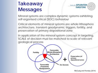 Takeaway
Messages
Mineral systems are complex dynamic systems exhibiting
self-organised critical (SOC) behaviour
Critical elements of mineral systems are whole lithosphere
architecture, transient geodynamic triggers, fertility, and
preservation of primary depositional zone
In application of the mineral system concept in targeting,
SCALE of decision must be matched to scale of relevant
geological process
Fertility
Favourable
Whole-lithosphere
Architecture
Favourable
(Transient)
Geodynamics
Ore Genesis
Preservation (of
primary
depositional zone)
+
McCuaig and Hronsky (2014)
 