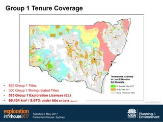 Tuesday 9 May 2017
Parliament House, Sydney
Group 1 Tenure Coverage
• 885 Group 1 Titles
• 300 Group 1 Mining related Titles
• 585 Group 1 Exploration Licences (EL)
• 69,434 km2 / 8.67% under title ex Govt (1 May 2017)
As at 05/05/2017
 