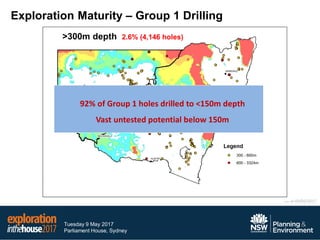 Tuesday 9 May 2017
Parliament House, Sydney
Exploration Maturity – Group 1 Drilling
Group 1 = 83% (161,533) of NSW drillhole database
As at 05/05/2017
All Group 1 Drillholes
>150m depth 4.7% holes (7,656 holes) are 150 to 300m deep
>300m depth 2.6% (4,146 holes)
92% of Group 1 holes drilled to <150m depth
Vast untested potential below 150m
 