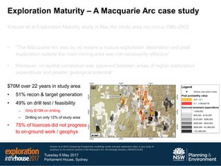 Tuesday 9 May 2017
Parliament House, Sydney
Kreuzer et al Exploration Maturity study in Mac Arc study area (Sht SI/55-8) 1980-2002
• “The Macquarie Arc was by no means a mature exploration destination and past
exploration outside the main mining area was not necessarily effective”
• Moreover, no spatial correlation was apparent between areas of higher exploration
expenditure and greater geological potential”
$70M over 22 years in study area
• 51% recon & target generation
• 49% on drill test / feasibility
– Only $15M on drilling
– Drilling on only 12% of study area
• 75% of licences did not progress
to on-ground work / geophys
Exploration Maturity – A Macquarie Arc case study
Kreuzer et al 2014; Comparing Prospectivity modelling results and past exploration data: A case study of
porphyry Cu-Au mineral systems in the Macquarie Arc. Ore Geology Reviews, OREGEO-01303
Kreuzer et al Exploration Maturity study in Mac Arc study area (Sht SI/55-8) 1980-2002
• “The Macquarie Arc was by no means a mature exploration destination and past
exploration outside the main mining area was not necessarily effective”
• Moreover, no spatial correlation was apparent between areas of higher exploration
expenditure and greater geological potential”
$70M over 22 years in study area
• 51% recon & target generation
• 49% on drill test / feasibility
– Only $15M on drilling
– Drilling on only 12% of study area
• 75% of licences did not progress
to on-ground work / geophys
 