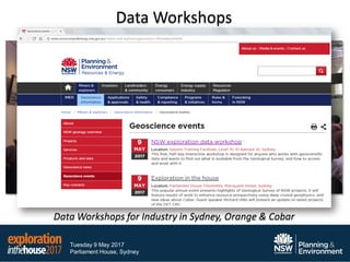 Tuesday 9 May 2017
Parliament House, Sydney
Data Workshops
Data Workshops for Industry in Sydney, Orange & Cobar
 