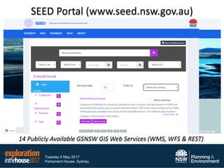 Tuesday 9 May 2017
Parliament House, Sydney
SEED Portal (www.seed.nsw.gov.au)
14 Publicly Available GSNSW GIS Web Services (WMS, WFS & REST)
 