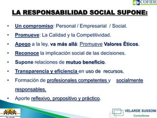 LA RESPONSABILIDAD SOCIAL SUPONE:

•   Un compromiso: Personal / Empresarial / Social.
•   Promueve: La Calidad y la Compe...