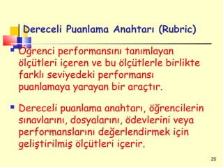 Dereceli Puanlama Anahtarı (Rubric)
   Öğrenci performansını tanımlayan
    ölçütleri içeren ve bu ölçütlerle birlikte
    farklı seviyedeki performansı
    puanlamaya yarayan bir araçtır.
   Dereceli puanlama anahtarı, öğrencilerin
    sınavlarını, dosyalarını, ödevlerini veya
    performanslarını değerlendirmek için
    geliştirilmiş ölçütleri içerir.
                                                 25
 