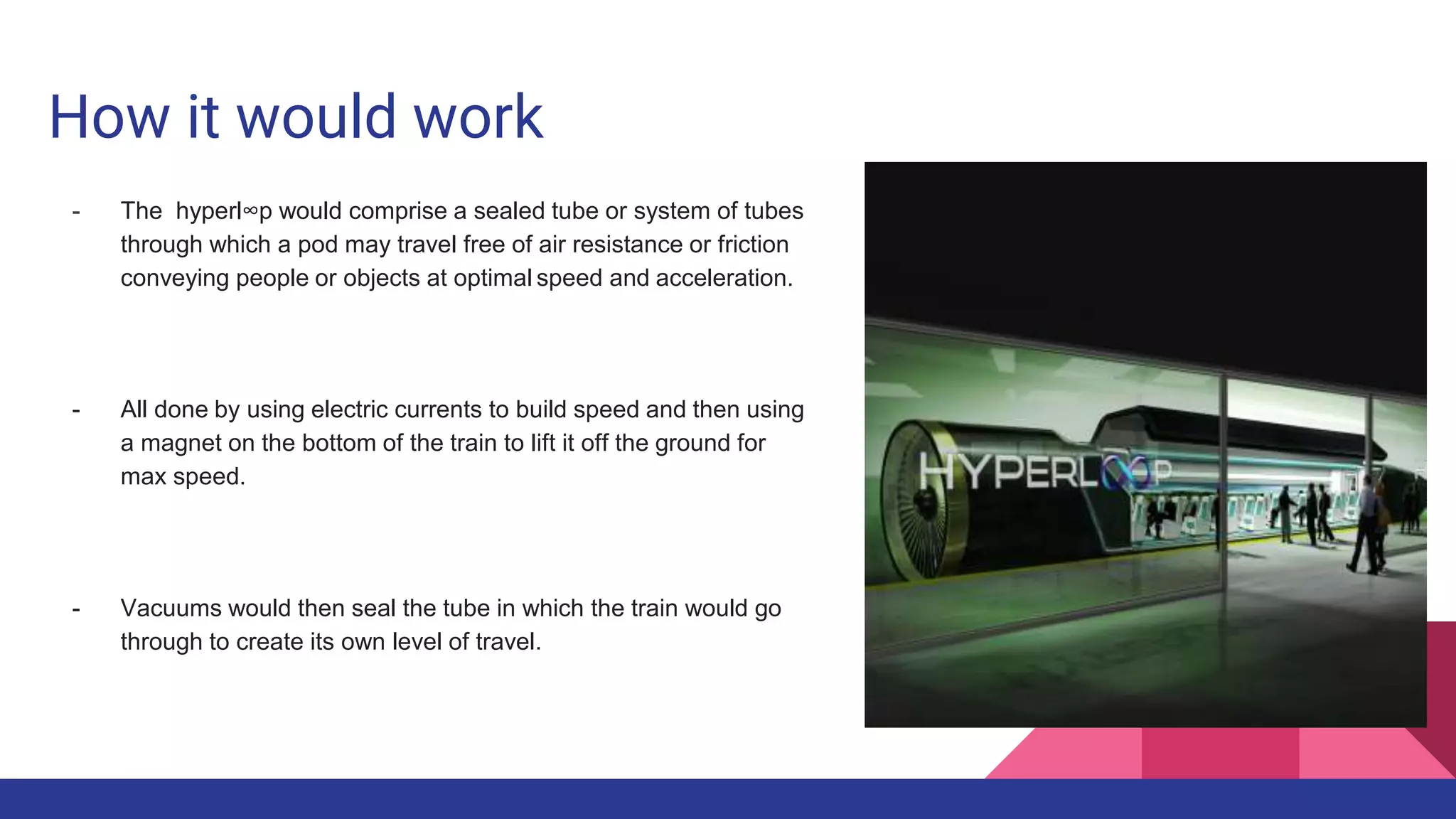 How it would work
- The hyperl∞p would comprise a sealed tube or system of tubes
through which a pod may travel free of air resistance or friction
conveying people or objects at optimal speed and acceleration.
- All done by using electric currents to build speed and then using
a magnet on the bottom of the train to lift it off the ground for
max speed.
- Vacuums would then seal the tube in which the train would go
through to create its own level of travel.
 