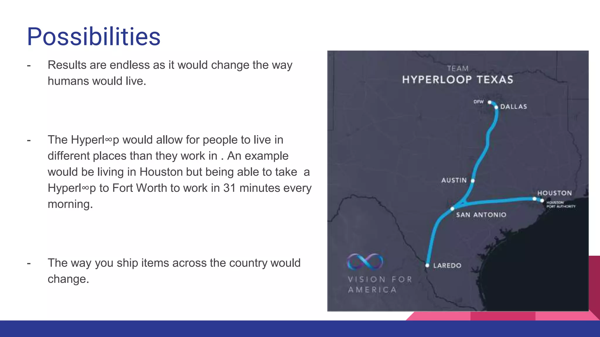 Possibilities
- Results are endless as it would change the way
humans would live.
- The Hyperl∞p would allow for people to live in
different places than they work in . An example
would be living in Houston but being able to take a
Hyperl∞p to Fort Worth to work in 31 minutes every
morning.
- The way you ship items across the country would
change.
 