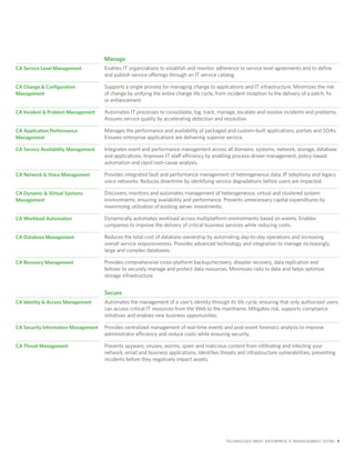 Manage
CA Service Level Management          Enables IT organizations to establish and monitor adherence to service level agreements and to define
                                     and publish service offerings through an IT service catalog.

CA Change & Configuration            Supports a single process for managing change to applications and IT infrastructure. Minimizes the risk
Management                           of change by unifying the entire change life cycle, from incident inception to the delivery of a patch, fix
                                     or enhancement.

CA Incident & Problem Management     Automates IT processes to consolidate, log, track, manage, escalate and resolve incidents and problems.
                                     Assures service quality by accelerating detection and resolution.

CA Application Performance           Manages the performance and availability of packaged and custom-built applications, portals and SOAs.
Management                           Ensures enterprise applications are delivering superior service.

CA Service Availability Management   Integrates event and performance management across all domains: systems, network, storage, database
                                     and applications. Improves IT staff efficiency by enabling process-driven management, policy-based
                                     automation and rapid root-cause analysis.

CA Network & Voice Management        Provides integrated fault and performance management of heterogeneous data, IP telephony and legacy
                                     voice networks. Reduces downtime by identifying service degradations before users are impacted.

CA Dynamic & Virtual Systems         Discovers, monitors and automates management of heterogeneous, virtual and clustered system
Management                           environments, ensuring availability and performance. Prevents unnecessary capital expenditures by
                                     maximizing utilization of existing server investments.

CA Workload Automation               Dynamically automates workload across multiplatform environments based on events. Enables
                                     companies to improve the delivery of critical business services while reducing costs.

CA Database Management               Reduces the total cost of database ownership by automating day-to-day operations and increasing
                                     overall service responsiveness. Provides advanced technology and integration to manage increasingly
                                     large and complex databases.

CA Recovery Management               Provides comprehensive cross-platform backup/recovery, disaster recovery, data replication and
                                     failover to securely manage and protect data resources. Minimizes risks to data and helps optimize
                                     storage infrastructure.


                                     Secure
CA Identity & Access Management      Automates the management of a user’s identity through its life cycle, ensuring that only authorized users
                                     can access critical IT resources from the Web to the mainframe. Mitigates risk, supports compliance
                                     initiatives and enables new business opportunities.

CA Security Information Management   Provides centralized management of real-time events and post-event forensics analysis to improve
                                     administrator efficiency and reduce costs while ensuring security.

CA Threat Management                 Prevents spyware, viruses, worms, spam and malicious content from infiltrating and infecting your
                                     network, email and business applications. Identifies threats and infrastructure vulnerabilities, preventing
                                     incidents before they negatively impact assets.




                                                                                             TECHNOLOGY BRIEF: ENTERPRISE IT MANAGEMENT (EITM) 9
 