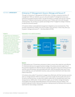 SECTION 2: OPPORTUNITY
                                        Enterprise IT Management: Govern, Manage and Secure IT
                                        Through its Enterprise IT Management (EITM) vision, CA helps companies transform IT
                                        management. With our solutions, you can unify and simplify IT management across your
                                        enterprise for greater business results. You gain the ability to manage costs and risk, improve
                                        the service IT delivers to the business and ensure your IT efforts are in line with the goals
                                        of the business. You can free up a greater percentage of the IT budget for strategic initiatives
                                        to help drive business growth.

                                        CA solutions deliver unprecedented management integration across functional silos. They
                                        provide comprehensive visibility into service quality, costs and risks. In short, they allow you
                                        to govern, manage and secure IT — the three pillars of EITM.


FIGURE A                                MANAGING IT AS A SERVICE BUSINESS
IT organizations are challenged to
meet the needs of business executive
management and the end users of                                                      business
business services, whether customers,      Is IT doing the                                                          Is IT doing
partners or employees. Business
executives want alignment between IT       right things?                                                            things right?
strategy and the business strategy.
They want to ensure services meet                                 strategy                                access
committed quality standards at a                                                       it
reasonable cost. Users want high-                                                   services
                                                                 alignment                                quality
quality services and secure access to
the information needed to conduct
business. CA’s EITM strategy enables
                                                  execs                                                                   users
IT organizations to meet the needs
of all key stakeholders.




                                        Govern
                                        IT organizations put IT Governance processes in place to ensure they make the most effective
                                        IT investment decisions to support business strategy. CA solutions provide insight into all
                                        the essential ingredients for effective decision making: the quality of new and existing services,
                                        and the costs and business risks associated with them. With this portfolio-level view of your
                                        service offerings, you can build better business cases, prioritize investments and make smart
                                        trade-off decisions.

                                        CA solutions also enable IT executives to engage more effectively with their business executive
                                        peers to manage demand. With CA solutions, you’ll have insight into the quality and costs of
                                        an end-to-end service (e.g., an order entry system) rather than its individual piece parts (e.g.,
                                        storage devices, WAN costs). Armed with this insight, you can better manage demand by
                                        encouraging more fiscally responsible behavior from the business units you support. This
                                        proactive approach further improves the decision-making process by freeing up vital resources
                                        and funds for more strategic investment.




4 TECHNOLOGY BRIEF: ENTERPRISE IT MANAGEMENT (EITM)
 