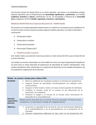 VERSION BORRADOR
Una Escuela Inclusiva de Tiempo Pleno es un centro educativo que ofrece a sus estudiantes variadas
opciones educativas, para el fortalecimiento de aprendizajes significativos y pertinentes en el ámbito
académico, formativo y cultural, satisfaciendo a la vez las necesidades e intereses de la comunidad
local y trabajando de forma flexible, organizada, armoniosa y participativa.
MODELOS OPERATIVOS DE LA ESCUELA INCLUSIVA DE TIEMPO PLENO
De acuerdo con el enfoque planteado anteriormente y en relación con los tiempos que se establezcan en
un Centro Escolar se hace necesario considerar algunos modelos operativos, los cuales se describen a
continuación:
A. Tiempo pleno clásico
B. Tiempo pleno a módulos
C. Tiempo pleno por grados
D. Post-escuela (“Doposcuola”)
A. TIEMPO PLENO CLÁSICO
Este modelo implica una extensión horaria qua alcance un total semanal de 50 hrs para el desarrollo de
la acción educativa.
Los cambios curriculares relacionados con este modelo van hacia una mayor especialización disciplinaria
así como hacia un mayor desarrollo de experiencias de aprendizaje de carácter interdisciplinar. Estos
cambios disciplinares están relacionados en su potencial de desarrollo con las variables del espacio y de
la competencia y organización de los docentes.
Modelo de escuela a tiempo pleno clásica (TPC)
Finalidad • Elevar la calidad de los resultados escolares en términos de competencia
• Asegurar formas de aprendizaje interdisciplinario con enfoques socio-
constructivista
• Asegurar el éxito escolar a todos o al mayor número posible de individuos
• Cualificar la función social de la escuela en las direcciones de la
educación a la ciudadanía
• Promover la imagen y la función de la escuela como instrumento de
desarrollo de la comunidad local
Solución
organizativa
(horario)
Modelo horario articulado por un total de 50 horas semanales. 45 horas con los
estudiantes, y 5 horas para el trabajo del colegiado docente
Objetivos 1. Aumentar la capacidad de la escuela de usar los instrumentos didácticos
de la individualización y de la personalización en la perspectiva de la
inclusión
2. Promover experiencias didácticas de tipo activo en las perspectivas del
 