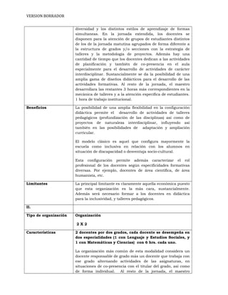 VERSION BORRADOR
diversidad y los distintos estilos de aprendizaje de formas
simultaneas. En la jornada extendida, los docentes se
disponen para la atención de grupos de estudiantes distintos
de los de la jornada matutina agrupados de forma diferente a
la estructura de grados y/o secciones con la estrategia de
talleres y la metodología de proyectos. Además hay una
cantidad de tiempo que los docentes dedican a las actividades
de planificación y también de co-presencia en el aula
especialmente para el desarrollo de actividades de carácter
interdisciplinar. Sustancialmente se da la posibilidad de una
amplia gama de diseños didácticos para el desarrollo de las
actividades formativas. Al resto de la jornada, el maestro
desarrollara las restantes 3 horas más correspondientes en la
mecánica de talleres y a la atención específica de estudiantes.
1 hora de trabajo institucional.
Beneficios La posibilidad de una amplia flexibilidad en la configuración
didáctica permite el desarrollo de actividades de talleres
pedagógicos (profundización de las disciplinas) así como de
proyectos de naturaleza interdisciplinar, influyendo así
también en las posibilidades de adaptación y ampliación
curricular.
El modelo clásico es aquel que configura mayormente la
escuela como inclusiva en relación con los alumnos en
situación de discapacidad o desventaja socio-cultural.
Esta configuración permite además caracterizar el rol
profesional de los docentes según especificidades formativas
diversas. Por ejemplo, docentes de área científica, de área
humanista, etc.
Limitantes La principal limitante es claramente aquella económica puesto
que esta organización es la más cara, sustancialmente.
Además será necesario formar a los docentes en didáctica
para la inclusividad, y talleres pedagógicos.
II.
Tipo de organización Organización
2 X 2
Características 2 docentes por dos grados, cada docente se desempeña en
dos especialidades (1 con Lenguaje y Estudios Sociales, y
1 con Matemáticas y Ciencias) con 6 hrs. cada uno.
La organización más común de esta modalidad considera un
docente responsable de grado más un docente que trabaja con
ese grado alternando actividades de las asignaturas, en
situaciones de co-presencia con el titular del grado, así como
de forma individual. Al resto de la jornada, el maestro
 