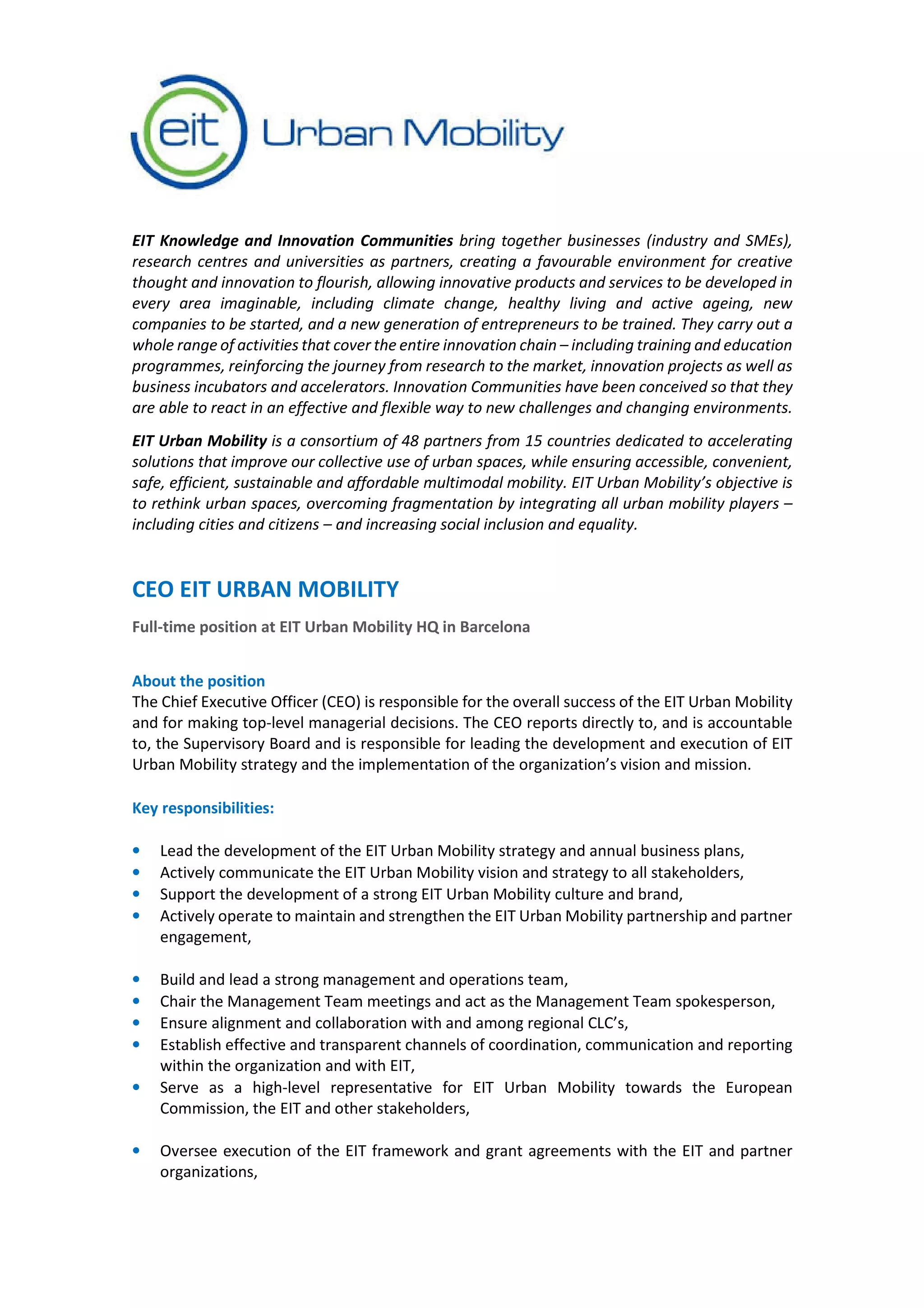 CEO EIT URBAN MOBILITY. Full-time position at EIT Urban Mobility HQ in ...