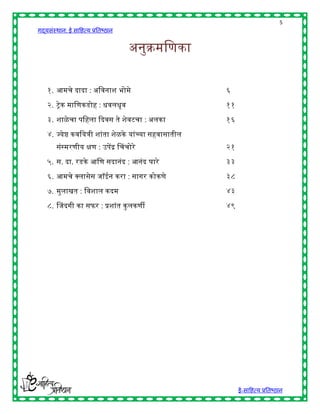 5
गद्यसंस्थान: ई साहित्य प्रतिष्ठान


                                    अनुक्रमहणका


    १ आमचे दादा : अहवनाश िोमे                          ६

    २ ट्रेक माहणकडोि : िवलिृव                          ११

    ३ शाळे चा पहिला द्ददवस ते शेवटचा : अलका            १६

    ४ ज्येष्ठ कवहयत्री शांता शेळके यांच्या सिवासातील
        संस्मरणीय िण : उपेंद्र चचचोरे                  २१

    ५ स. दा. रडके आहण सदानंद : आनंद घारे               ३३

    ६ आमचे क्स्पलासेस जॉईन करा : सागर कोकणे            ३८

    ७             :          कद                        ४३

    ८ चजदगी का सफर : प्रशांत कु लकणी                   ४९




                                                            ई-साहित्य प्रतिष्ठान
 