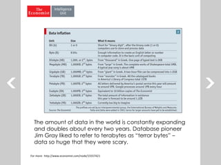 The amount of data in the world is constantly expanding
and doubles about every two years. Database pioneer
Jim Gray liked to refer to terabytes as “terror bytes” –
data so huge that they were scary.
For more: http://www.economist.com/node/15557421
 