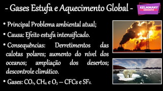 - Gases Estufa e Aquecimento Global -
• Principal Problema ambiental atual;
• Causa: Efeito estufa intensificado.
• Consequências: Derretimentos das
calotas polares; aumento do nível dos
oceanos; ampliação dos desertos;
descontroleclimático.
• Gases: CO2, CH4 e O3 – CFCs e SF6.
 