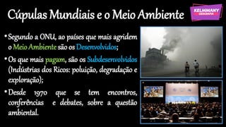 Cúpulas Mundiais e o Meio Ambiente
•Segundo a ONU, ao países que mais agridem
o MeioAmbiente são os Desenvolvidos;
•Os que mais pagam, são os Subdesenvolvidos
(Indústrias dos Ricos: poluição, degradação e
exploração);
•Desde 1970 que se tem encontros,
conferências e debates, sobre a questão
ambiental.
 