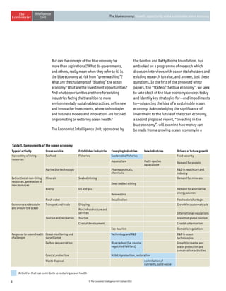 6 © The Economist Intelligence Unit Limited 2015
The blue economy: Growth, opportunity and a sustainable ocean economy
Table 1. Components of the ocean economy
Type of activity Ocean service Established industries Emerging industries New industries Drivers of future growth
Harvesting of living
resources
Seafood Fisheries Sustainable fisheries Food security
Demand for proteinAquaculture Multi-species
aquaculture
Marine bio-technology Pharmaceuticals,
chemicals
RD in healthcare and
industry
Extraction of non-living
resources, generation of
new resources
Minerals Seabed mining Demand for minerals
Deep seabed mining
Energy Oil and gas Demand for alternative
energy sources
Renewables
Fresh water Desalination Freshwater shortages
Commerce and trade in
and around the ocean
Transport and trade Shipping Growth in seaborne trade
Port infrastructure and
services International regulations
Tourism and recreation Tourism Growth of global tourism
Coastal development Coastal urbanisation
Eco-tourism Domestic regulations
Response to ocean health
challenges
Ocean monitoring and
surveillance
Technology and RD RD in ocean
technologies
Carbon sequestration Blue carbon (i.e. coastal
vegetated habitats)
Growth in coastal and
ocean protection and
conservation activities
Coastal protection Habitat protection, restoration
Waste disposal Assimilation of
nutrients, solid waste
Activities that can contribute to restoring ocean health
But can the concept of the blue economy be
more than aspirational? What do governments,
and others, really mean when they refer to it? Is
the blue economy at risk from “greenwashing”?
What are the challenges of “blueing” the ocean
economy? What are the investment opportunities?
And what opportunities are there for existing
industries facing the transition to more
environmentally sustainable practices, or for new
and innovative investments, where technologies
and business models and innovations are focused
on promoting or restoring ocean health?
The Economist Intelligence Unit, sponsored by
the Gordon and Betty Moore Foundation, has
embarked on a programme of research which
draws on interviews with ocean stakeholders and
existing research to raise, and answer, just these
questions. In the first of the proposed white
papers, the “State of the blue economy”, we seek
to take stock of the blue economy concept today
and identify key strategies for—and impediments
to—advancing the idea of a sustainable ocean
economy. Acknowledging the significance of
investment to the future of the ocean economy,
a second proposed report, “Investing in the
blue economy”, will examine how money can
be made from a growing ocean economy in a
 