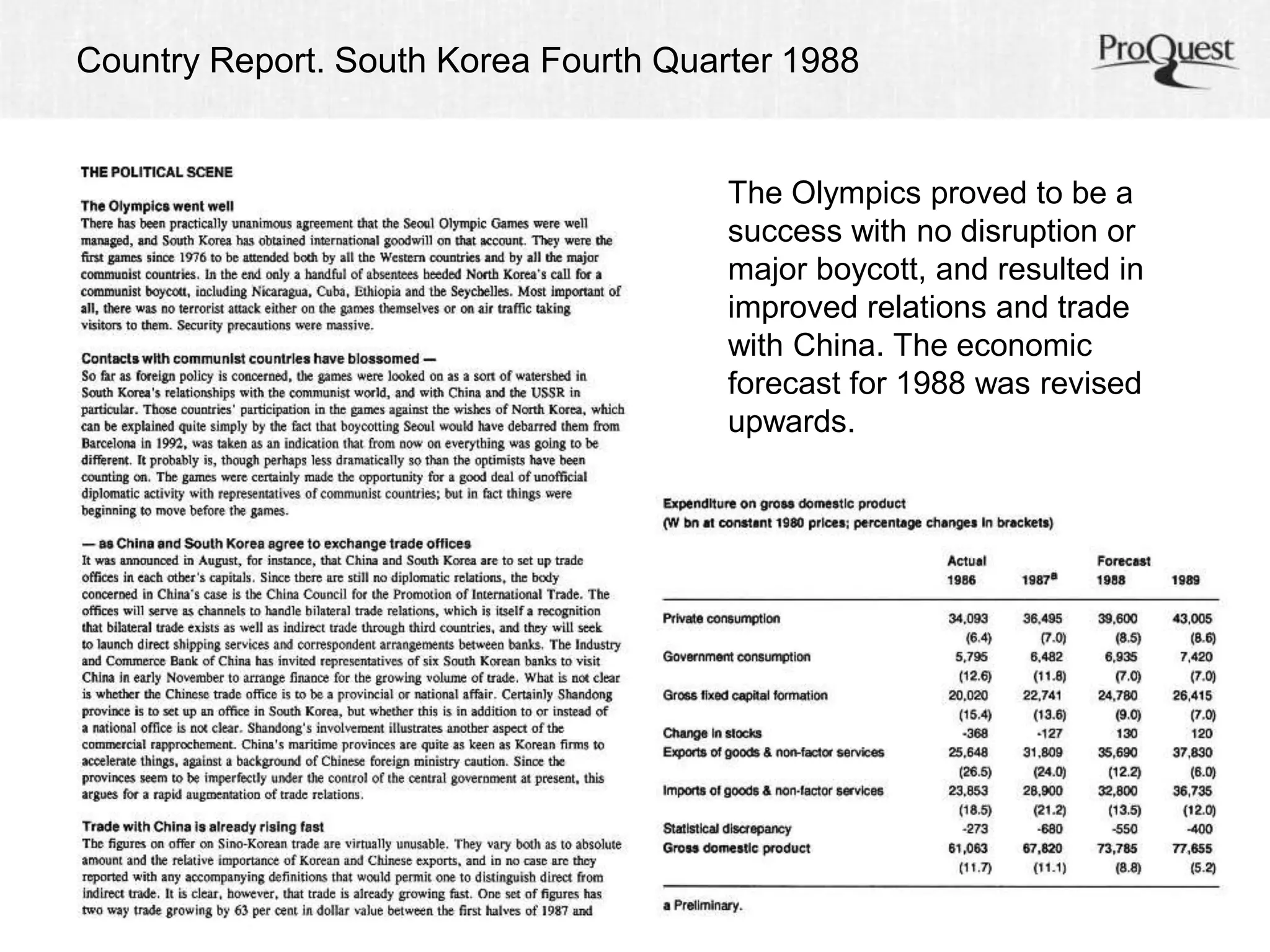 Country Report. South Korea Fourth Quarter 1988 
The Olympics proved to be a 
success with no disruption or 
major boycott, and resulted in 
improved relations and trade 
with China. The economic 
forecast for 1988 was revised 
upwards. 
 