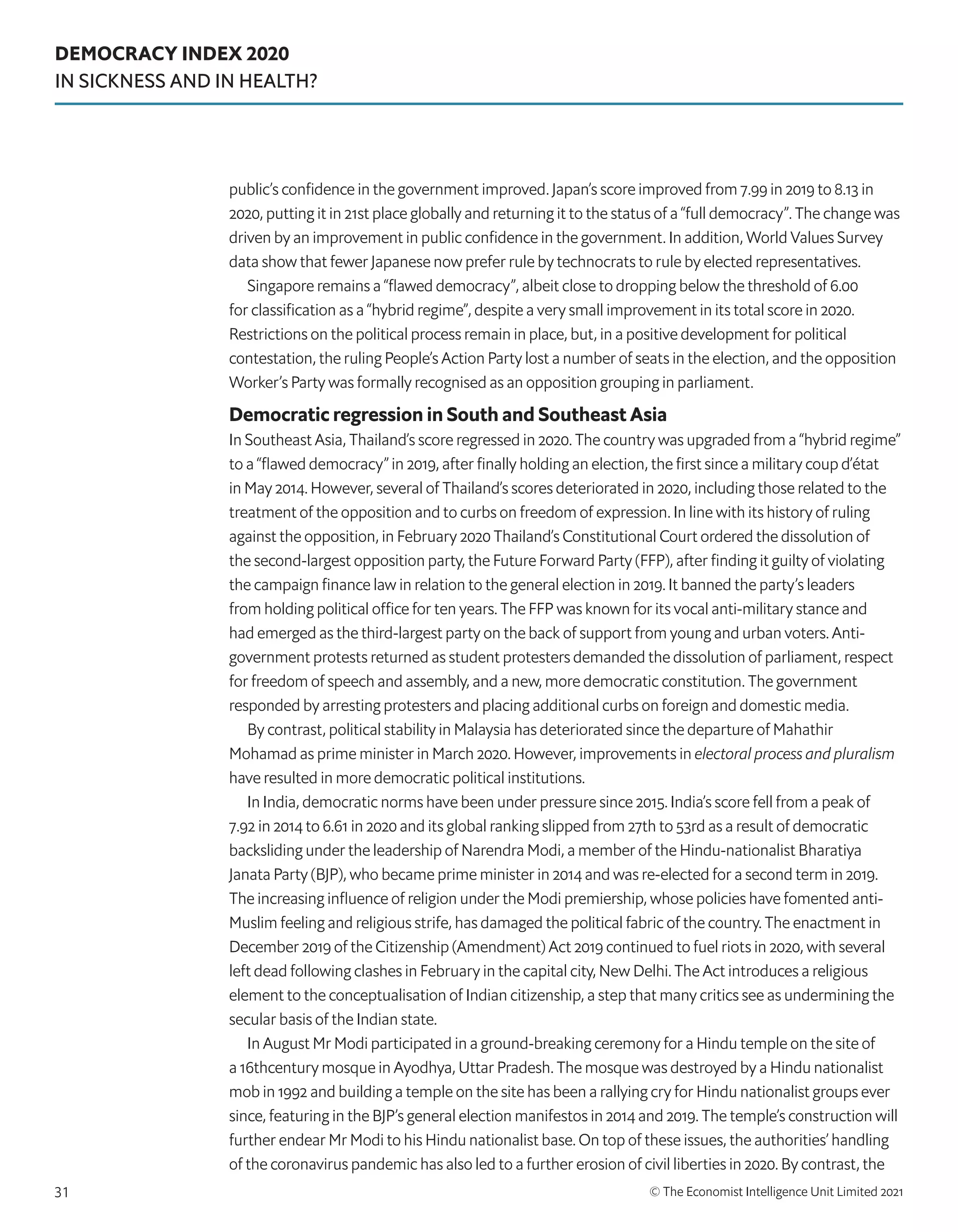 DEMOCRACY INDEX 2020
IN SICKNESS AND IN HEALTH?
© The Economist Intelligence Unit Limited 2021
31
public’s confidence in the government improved. Japan’s score improved from 7.99 in 2019 to 8.13 in
2020, putting it in 21st place globally and returning it to the status of a “full democracy”. The change was
driven by an improvement in public confidence in the government. In addition, World Values Survey
data show that fewer Japanese now prefer rule by technocrats to rule by elected representatives.
Singapore remains a “flawed democracy”, albeit close to dropping below the threshold of 6.00
for classification as a “hybrid regime”, despite a very small improvement in its total score in 2020.
Restrictions on the political process remain in place, but, in a positive development for political
contestation, the ruling People’s Action Party lost a number of seats in the election, and the opposition
Worker’s Party was formally recognised as an opposition grouping in parliament.
Democratic regression in South and Southeast Asia
In Southeast Asia, Thailand’s score regressed in 2020. The country was upgraded from a “hybrid regime”
to a “flawed democracy” in 2019, after finally holding an election, the first since a military coup d’état
in May 2014. However, several of Thailand’s scores deteriorated in 2020, including those related to the
treatment of the opposition and to curbs on freedom of expression. In line with its history of ruling
against the opposition, in February 2020 Thailand’s Constitutional Court ordered the dissolution of
the second-largest opposition party, the Future Forward Party (FFP), after finding it guilty of violating
the campaign finance law in relation to the general election in 2019. It banned the party’s leaders
from holding political office for ten years. The FFP was known for its vocal anti-military stance and
had emerged as the third-largest party on the back of support from young and urban voters. Anti-
government protests returned as student protesters demanded the dissolution of parliament, respect
for freedom of speech and assembly, and a new, more democratic constitution. The government
responded by arresting protesters and placing additional curbs on foreign and domestic media.
By contrast, political stability in Malaysia has deteriorated since the departure of Mahathir
Mohamad as prime minister in March 2020. However, improvements in electoral process and pluralism
have resulted in more democratic political institutions.
In India, democratic norms have been under pressure since 2015. India’s score fell from a peak of
7.92 in 2014 to 6.61 in 2020 and its global ranking slipped from 27th to 53rd as a result of democratic
backsliding under the leadership of Narendra Modi, a member of the Hindu-nationalist Bharatiya
Janata Party (BJP), who became prime minister in 2014 and was re-elected for a second term in 2019.
The increasing influence of religion under the Modi premiership, whose policies have fomented anti-
Muslim feeling and religious strife, has damaged the political fabric of the country. The enactment in
December 2019 of the Citizenship (Amendment) Act 2019 continued to fuel riots in 2020, with several
left dead following clashes in February in the capital city, New Delhi. The Act introduces a religious
element to the conceptualisation of Indian citizenship, a step that many critics see as undermining the
secular basis of the Indian state.
In August Mr Modi participated in a ground-breaking ceremony for a Hindu temple on the site of
a 16thcentury mosque in Ayodhya, Uttar Pradesh. The mosque was destroyed by a Hindu nationalist
mob in 1992 and building a temple on the site has been a rallying cry for Hindu nationalist groups ever
since, featuring in the BJP’s general election manifestos in 2014 and 2019. The temple’s construction will
further endear Mr Modi to his Hindu nationalist base. On top of these issues, the authorities’ handling
of the coronavirus pandemic has also led to a further erosion of civil liberties in 2020. By contrast, the
 