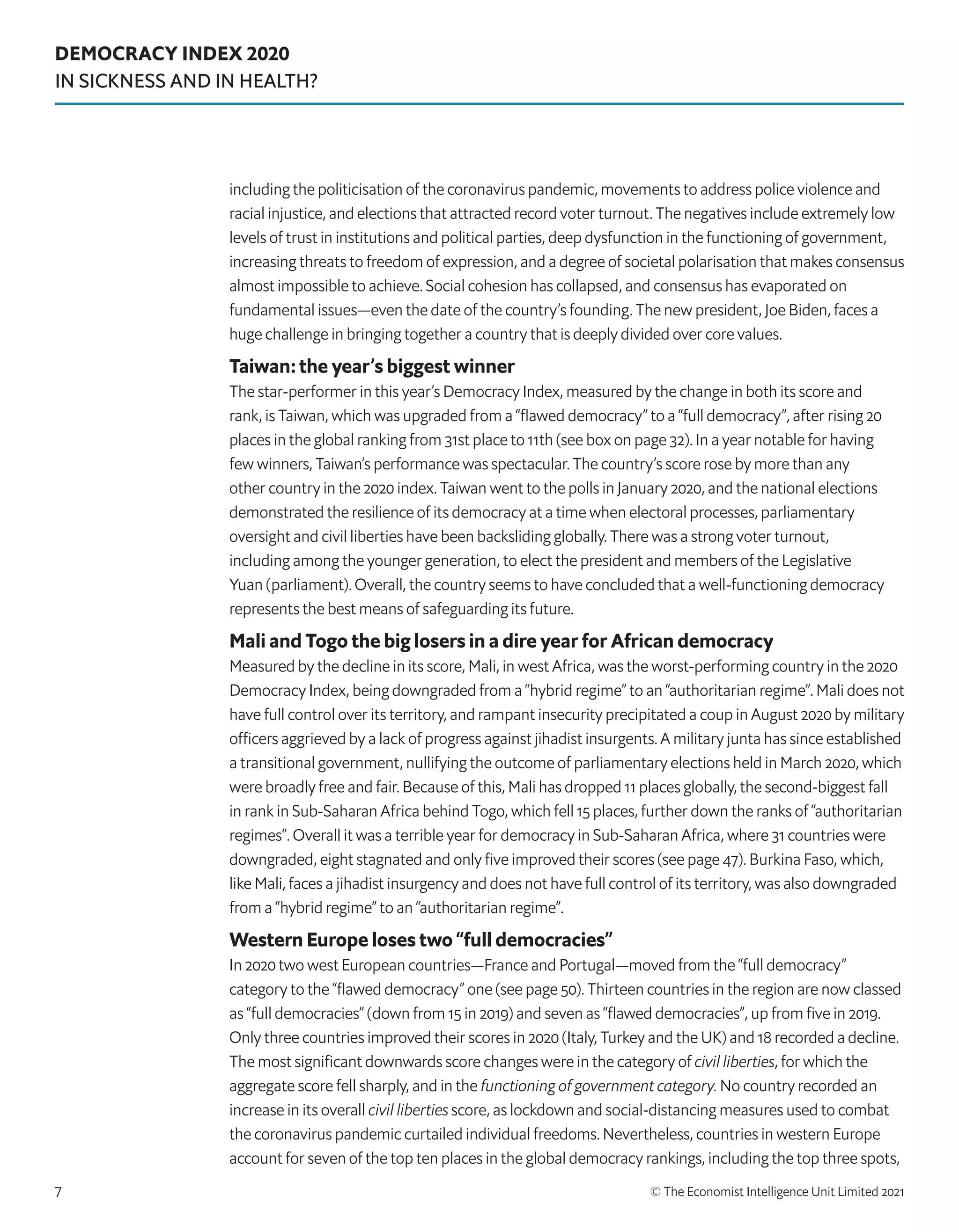 DEMOCRACY INDEX 2020
IN SICKNESS AND IN HEALTH?
© The Economist Intelligence Unit Limited 2021
7
including the politicisation of the coronavirus pandemic, movements to address police violence and
racial injustice, and elections that attracted record voter turnout. The negatives include extremely low
levels of trust in institutions and political parties, deep dysfunction in the functioning of government,
increasing threats to freedom of expression, and a degree of societal polarisation that makes consensus
almost impossible to achieve. Social cohesion has collapsed, and consensus has evaporated on
fundamental issues—even the date of the country’s founding. The new president, Joe Biden, faces a
huge challenge in bringing together a country that is deeply divided over core values.
Taiwan: the year’s biggest winner
The star-performer in this year’s Democracy Index, measured by the change in both its score and
rank, is Taiwan, which was upgraded from a “flawed democracy” to a “full democracy”, after rising 20
places in the global ranking from 31st place to 11th (see box on page 32). In a year notable for having
few winners, Taiwan’s performance was spectacular. The country’s score rose by more than any
other country in the 2020 index. Taiwan went to the polls in January 2020, and the national elections
demonstrated the resilience of its democracy at a time when electoral processes, parliamentary
oversight and civil liberties have been backsliding globally. There was a strong voter turnout,
including among the younger generation, to elect the president and members of the Legislative
Yuan (parliament). Overall, the country seems to have concluded that a well-functioning democracy
represents the best means of safeguarding its future.
Mali and Togo the big losers in a dire year for African democracy
Measured by the decline in its score, Mali, in west Africa, was the worst-performing country in the 2020
Democracy Index, being downgraded from a “hybrid regime” to an “authoritarian regime”. Mali does not
have full control over its territory, and rampant insecurity precipitated a coup in August 2020 by military
officers aggrieved by a lack of progress against jihadist insurgents. A military junta has since established
a transitional government, nullifying the outcome of parliamentary elections held in March 2020, which
were broadly free and fair. Because of this, Mali has dropped 11 places globally, the second-biggest fall
in rank in Sub-Saharan Africa behind Togo, which fell 15 places, further down the ranks of “authoritarian
regimes”. Overall it was a terrible year for democracy in Sub-Saharan Africa, where 31 countries were
downgraded, eight stagnated and only five improved their scores (see page 47). Burkina Faso, which,
like Mali, faces a jihadist insurgency and does not have full control of its territory, was also downgraded
from a “hybrid regime” to an “authoritarian regime”.
Western Europe loses two “full democracies”
In 2020 two west European countries—France and Portugal—moved from the “full democracy”
category to the “flawed democracy” one (see page 50). Thirteen countries in the region are now classed
as “full democracies” (down from 15 in 2019) and seven as “flawed democracies”, up from five in 2019.
Only three countries improved their scores in 2020 (Italy, Turkey and the UK) and 18 recorded a decline.
The most significant downwards score changes were in the category of civil liberties, for which the
aggregate score fell sharply, and in the functioning of government category. No country recorded an
increase in its overall civil liberties score, as lockdown and social-distancing measures used to combat
the coronavirus pandemic curtailed individual freedoms. Nevertheless, countries in western Europe
account for seven of the top ten places in the global democracy rankings, including the top three spots,
 