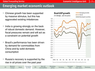 Chinese growth has been supported by massive stimulus, but this has aggravated existing imbalances India is growing strongly on the back of robust domestic demand. However, fiscal pressures remain and will act as a constraint on potential growth Brazil’s performance has been driven by demand for commodities from China and by solid domestic consumption Russia’s recovery is supported by the rise in oil prices over the past year 
