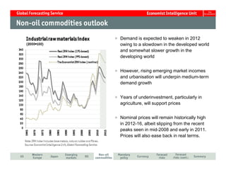 Demand is expected to weaken in 2012
owing to a slowdown in the developed world
and somewhat slower growth in the
developing world


However, rising emerging market incomes
and urbanisation will underpin medium-term
demand growth


Years of underinvestment, particularly in
agriculture, will support prices


Nominal prices will remain historically high
in 2012-16, albeit slipping from the recent
peaks seen in mid-2008 and early in 2011.
Prices will also ease back in real terms.
 