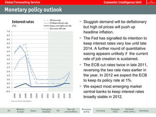 Sluggish demand will be deflationary
but high oil prices will push up
headline inflation.
The Fed has signalled its intention to
keep interest rates very low until late
2014. A further round of quantitative
easing appears unlikely if the current
rate of job creation is sustained.
The ECB cut rates twice in late 2011,
reversing the two rate rises earlier in
the year. In 2012 we expect the ECB
to keep its policy rate at 1%.
We expect most emerging market
central banks to keep interest rates
broadly stable in 2012.
 