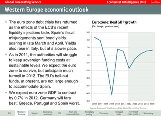 The euro zone debt crisis has returned
as the effects of the ECB’s recent
liquidity injections fade. Spain’s fiscal
misjudgements sent bond yields
soaring in late March and April. Yields
also rose in Italy, but at a slower pace.
As in 2011, the authorities will struggle
to keep sovereign funding costs at
sustainable levels We expect the euro
zone to survive, but anticipate much
turmoil in 2012. The EU’s bail-out
funds, at present, are not large enough
to accommodate Spain.
We expect euro zone GDP to contract
by 0.7% in 2012. Germany will fare
best; Greece, Portugal and Spain worst.
 
