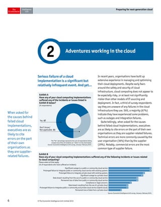© The Economist Intelligence Unit Limited 20156
Preparing for next-generation cloud
Serious failure of a cloud
implementation is a significant but
relatively infrequent event. And yet…
In recent years, organisations have built up
extensive experience in managing and optimising
their cloud deployments. Despite early fears
around the safety and security of cloud
infrastructure, cloud computing does not appear to
be especially risky, or at least not significantly
riskier than other models of IT sourcing and
deployment. In fact, a third of survey respondents
say they are unaware of any failures in the cloud
infrastructure they use. Still, a majority (67%)
indicate they have experienced some problems,
such as outages and integration failures.
Quite tellingly, when asked for the causes
behind failed cloud implementations, executives
are as likely to cite errors on the part of their own
organisations as they are supplier-related failures.
Technical errors are more commonly caused by the
user organisation (36%) than by the supplier
(29%). Notably, commercial errors are the most
common type of supplier failure.
Adventures working in the cloud
2
The “Yes” percentage represents the sum of respondents listing
at least one of the 10 incidents (or “other”) in the chart below.
Source: Economist Intelligence Unit survey, January–February 2015.
Exhibit A
Have any of your cloud computing implementations
suffered any of the incidents or issues listed in
Exhibit B below?
(% respondents)
Yes 67
Don’t know/
Not applicable 33
Source: Economist Intelligence Unit survey, January–February 2015.
Exhibit B
Have any of your cloud computing implementations suffered any of the following incidents or issues related
to cloud computing?
Please select all that apply.
(% of respondents who have suffered an incident)
Significant outage to a public or community cloud service
Prolonged failure to integrate public or community cloud service with existing systems
Prolonged failure to integrate private cloud with existing systems
Significant outage to a private cloud
Data breach resulting from the use of a public or community cloud service
Permanent loss of data from public or community cloud service
Compliance or legal concerns
Data breach resulting from the use of a private cloud
Prolonged failure to integrate public or community and private cloud service (hybrid cloud)
Permanent loss of data from a private cloud
26
26
22
21
18
18
14
12
12
8
When asked for
the causes behind
failed cloud
implementations,
executives are as
likely to cite
errors on the part
of their own
organisations as
they are supplier-
related failures.
 