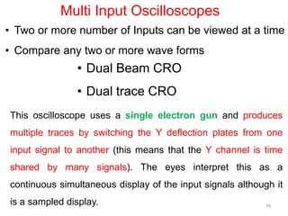 16
Multi Input Oscilloscopes
• Two or more number of Inputs can be viewed at a time
• Compare any two or more wave forms
• Dual Beam CRO
• Dual trace CRO
This oscilloscope uses a single electron gun and produces
multiple traces by switching the Y deflection plates from one
input signal to another (this means that the Y channel is time
shared by many signals). The eyes interpret this as a
continuous simultaneous display of the input signals although it
is a sampled display.
 