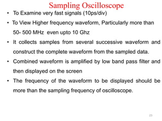 Sampling Oscilloscope
23
• To Examine very fast signals (10ps/div)
• To View Higher frequency waveform, Particularly more than
50- 500 MHz even upto 10 Ghz
• It collects samples from several successive waveform and
construct the complete waveform from the sampled data.
• Combined waveform is amplified by low band pass filter and
then displayed on the screen
• The frequency of the waveform to be displayed should be
more than the sampling frequency of oscilloscope.
 