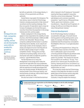 © The Economist Intelligence Unit Limited 2012
Plugging the skills gap Shortages among plenty
9
but 46% are optimistic. In the energy industry, in
contrast, 27% are pessimistic and 39% are
optimistic.
Several factors may explain this divergence. The
most obvious reason is that the IT/technology
industry is already accustomed to a high volume of
recruitment and the resulting challenges. More
than one-quarter of respondents report a large net
increase of employees over the last three years,
more than three times the proportion in the energy
industry (see chart, previous page).
Indeed, employment in the energy industry
appears to have responded to the volatility of crude
oil prices, which fell dramatically in 2008 and 2009
and have now rebounded.7
Because energy
companies suddenly ﬁnd themselves in a position
where they have to identify, recruit, absorb and
retain large numbers of new employees, there is
clearly some degree of concern that they will not
be able to adjust quickly enough in a highly
competitive climate. “Energy prices are high,
companies are growing rapidly, and we are all
chasing the same skills to enable this growth to
continue,” says Mr Mitchell of Shell.
The fact that there are so many new
developments in the energy sector makes the
search for the right skills even more problematic.
As we have seen, there are by deﬁnition few people
with the experience to handle technologies that
have only recently emerged. Mr Mitchell points to
massive growth in the onshore gas industry, and
new discoveries of shale gas, both of which require
specialist, and still rare, skills.
One also has to bear in mind that the technical
skills in demand in the IT industry are “horizontal”,
meaning that they are applied in many other
industries, and are hence widespread. “There are
web designers and e-commerce specialists
everywhere,” says Mr Joerres of ManpowerGroup.
“Banks, government institutions, curtain
manufacturers— they will all have IT engineers. In
energy, the skills are more likely to be relevant
only in that particular industry.”
Internal development
As the IT/technology industry is already so
accustomed to skills gaps, it has built internal
training systems to bring existing workers up to
speed. For example, the Indian IT industry has
established what the entrepreneur and academic
Vivek Wadwha refers to as “a surrogate education
system”.8
According to Mr Gopalakrishnan, Infosys has
established a large corporate university that can
train 14,000 people a year to ensure that
university graduates bridge the gap between what
the company needs and what the education
system has provided. “The industry has learned
how to build its own workforce,” he says. “Four
percent of our revenue goes into education and
training. Seventy percent of our recruitment is at
the graduate level, and then we have to create the
skilled workers we need.”
The survey also reveals that the IT/technology
industry is more likely than the others to use the
global nature of the business world to plug skills
gaps. If this strategy has been considered
successful, it may also explain the industry’s
7. www.infomine.com
8. Foreign Policy, “Chinese and
Indian entrepreneurs are eating
America’s lunch”, December 28
2010
6 34 36 11 9
11 17 28 21 21
Main method One of the main
methods
Used
sometimes
Rarely Never
To what extent does your organisation use the following strategies to cater for skills shortages?
(% IT/technology respondents)
Source: Economist Intelligence Unit survey, March 2012.
Moving people around
the world to fill gaps
Offshoring parts of the business
to regions where the required
skills are more readily available
Q
❛❛
Energy prices are
high, companies
are growing
rapidly, and we
are all chasing the
same skills to
enable this
growth to
continue.
❜❜
Hugh Mitchell, chief human
resources and corporate
ofﬁcer, Royal Dutch Shell
 