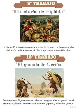 9º TRABAJO
"El cinturón de Hipólita"
La hija de Euristeo (quien gustaba estar de rodeada de lujos) deseaba
el cinturón de la amazona Hipólita y a por mandaron a Hércules.
10º TRABAJO
"El ganado de Gerión"
Gerión era un Gigante de tres cabezas que guardaba su ganado en el
extremo occidente. Hércules acabó con el gigante y lo llevó el ganado.
Nieves.S
 