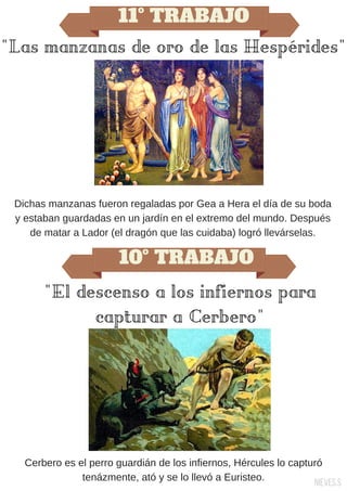11º TRABAJO
"Las manzanas de oro de las Hespérides"
Dichas manzanas fueron regaladas por Gea a Hera el día de su boda
y estaban guardadas en un jardín en el extremo del mundo. Después
de matar a Lador (el dragón que las cuidaba) logró llevárselas.
10º TRABAJO
Cerbero es el perro guardián de los infiernos, Hércules lo capturó
tenázmente, ató y se lo llevó a Euristeo.
Nieves.S
"El descenso a los infiernos para
capturar a Cerbero"
 