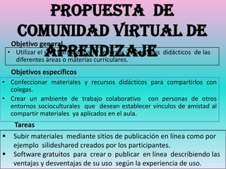 Propuesta de
      comunidad virtual de
     Objetivo general
                  aprendizaje
    • Utilizar el sitio para compartir recursos y materiales didácticos de las
      diferentes áreas o materias curriculares.
     Objetivos específicos
• Confeccionar materiales y recursos didácticos para compartirlos con
  colegas.
• Crear un ambiente de trabajo colaborativo con personas de otros
  entornos socioculturales que desean establecer vínculos de amistad al
  compartir materiales ya aplicados en el aula.
      Tareas
     Subir materiales mediante sitios de publicación en línea como por
      ejemplo silideshared creados por los participantes.
     Software gratuitos para crear o publicar en línea describiendo las
      ventajas y desventajas de su uso según la experiencia de uso.
 